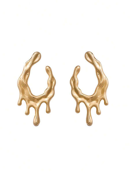 Women's Asymmetrical Gold Drop Earrings, Wavy Metal Hook Statement Earrings, Minimalist Everyday Jewelry