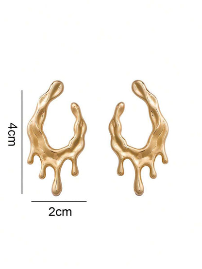 Women's Asymmetrical Gold Drop Earrings, Wavy Metal Hook Statement Earrings, Minimalist Everyday Jewelry