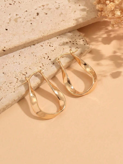 Women's Asymmetrical Gold Drop Earrings, Wavy Metal Hook Statement Earrings, Minimalist Everyday Jewelry
