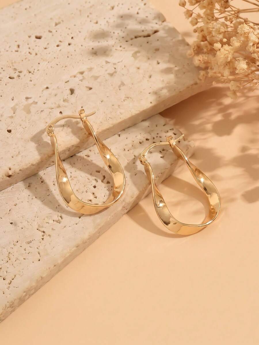 Women's Asymmetrical Gold Drop Earrings, Wavy Metal Hook Statement Earrings, Minimalist Everyday Jewelry