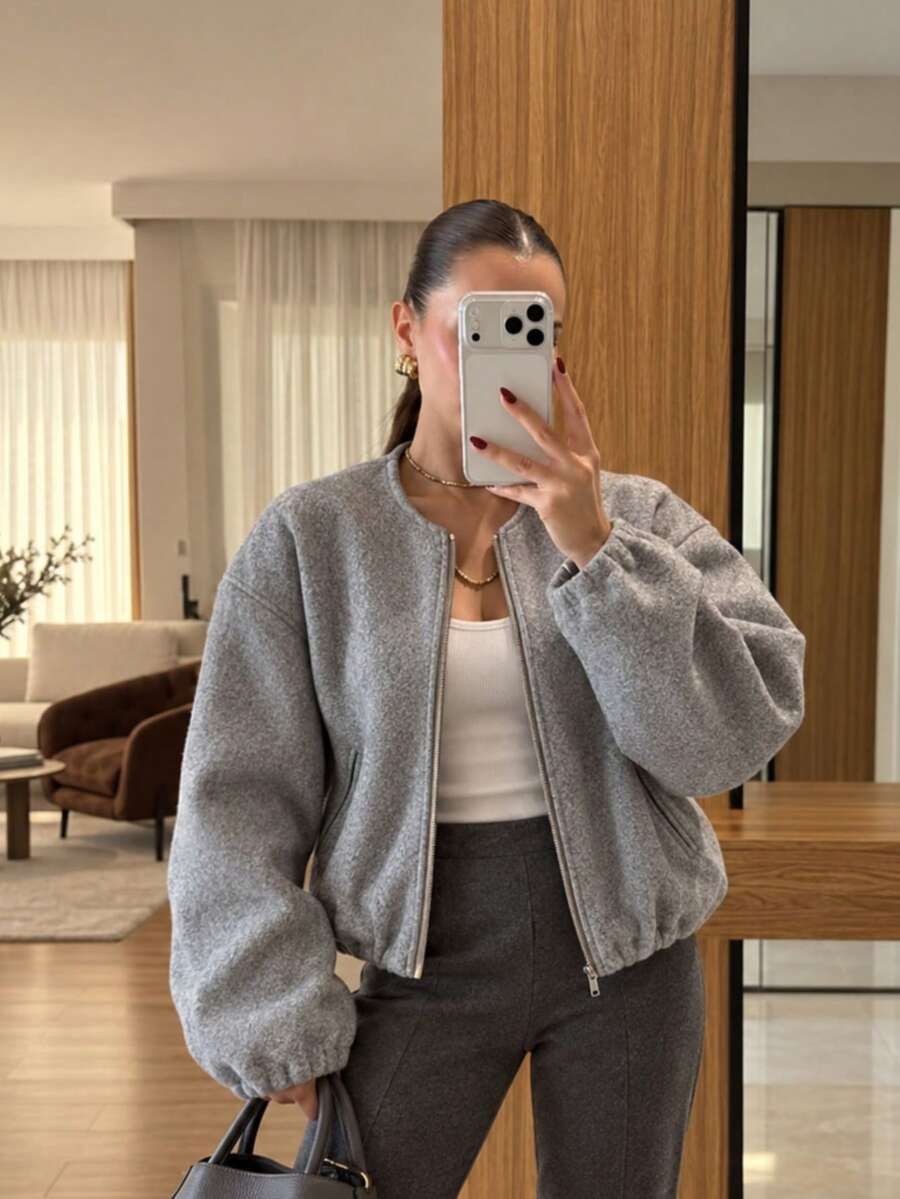 Lillehammer Wool Look Zip Up Cropped Bomber Jacket