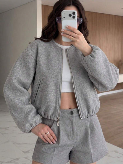 Lillehammer Wool Look Zip Up Cropped Bomber Jacket