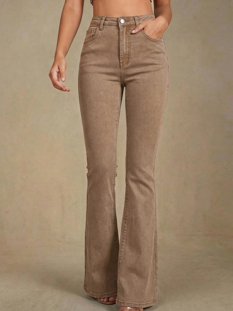 Annapolis High Waist Flare Leg Jeans with Pockets - Yellow