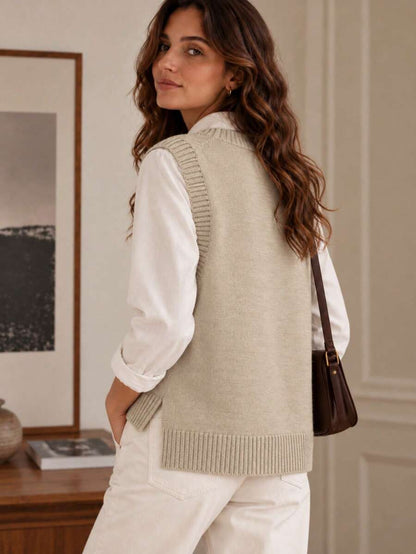 Women's Side Slit Knit Sweater Vest, Sleeveless Layering Top for Fall Work Casual - Black