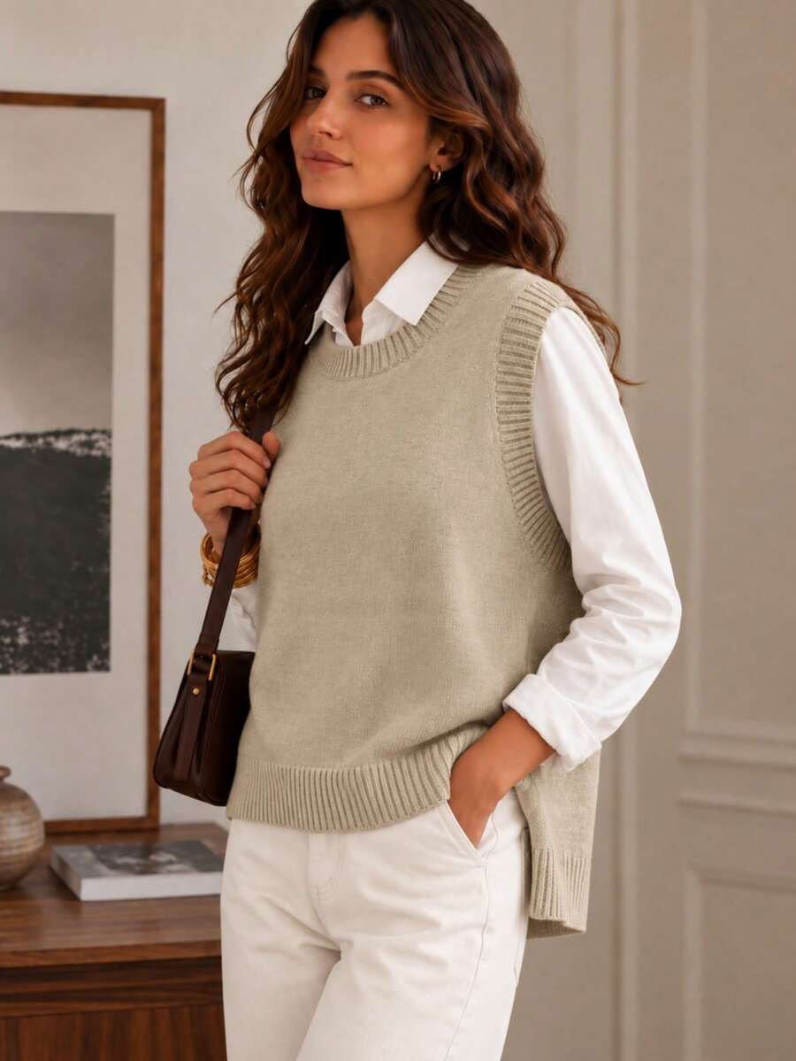 Women's Side Slit Knit Sweater Vest, Sleeveless Layering Top for Fall Work Casual - Chocolate Brown