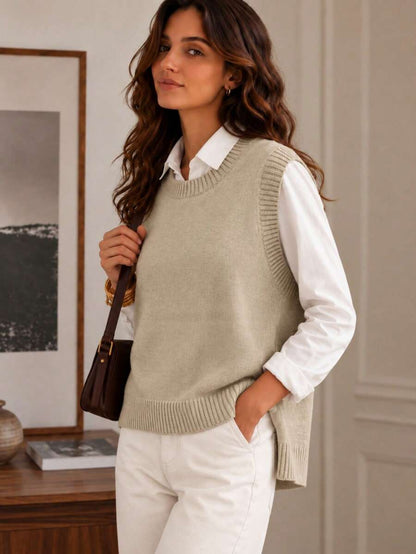 Women's Side Slit Knit Sweater Vest, Sleeveless Layering Top for Fall Work Casual - Chocolate Brown