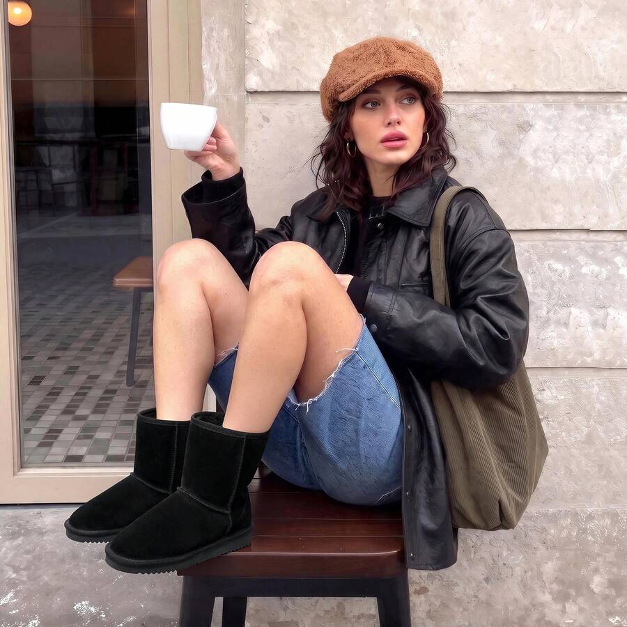 Women Snow Boots Winter Mid Calf Boots Furry Warm Comfortable Slip-On Outdoor Commute Genuine Suede Fashion Boots Slip-On Snow Boots Shoes Mensa