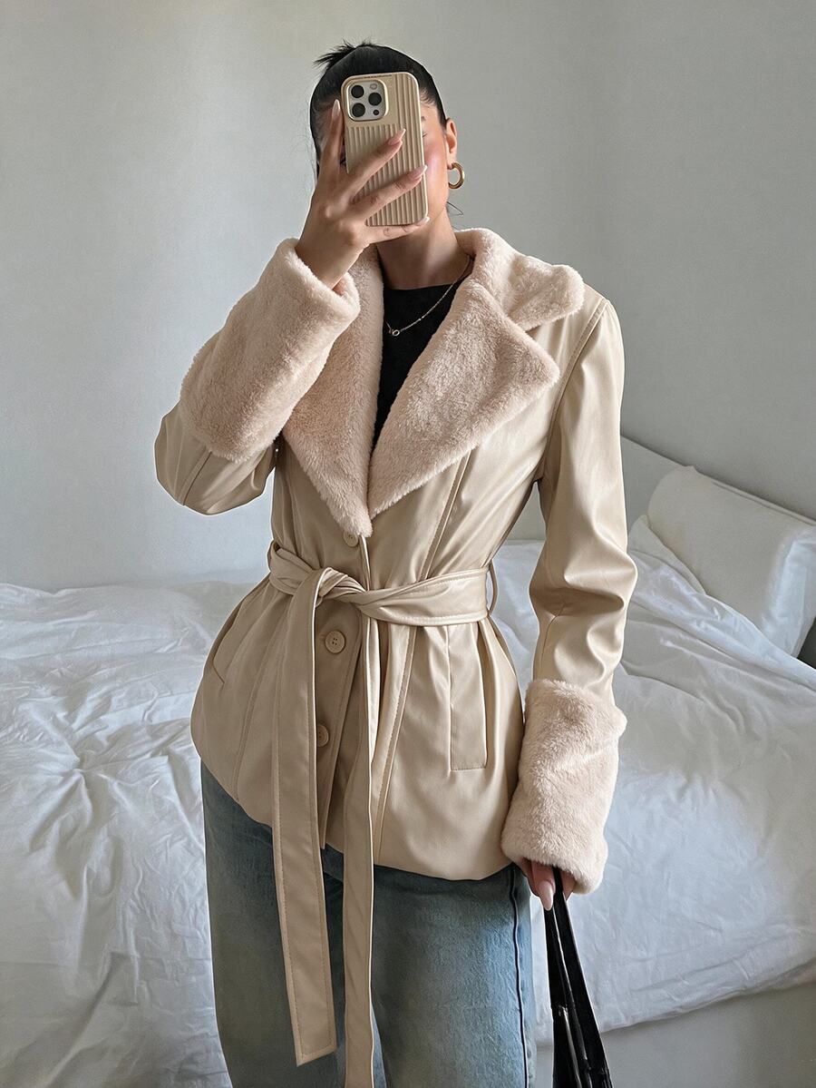 Kalispell Belted Faux Leather Jacket with Lapel Collar