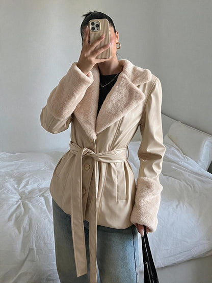 Kalispell Belted Faux Leather Jacket with Lapel Collar