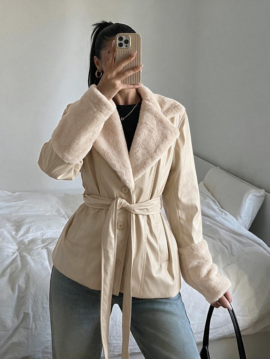 Kalispell Belted Faux Leather Jacket with Lapel Collar