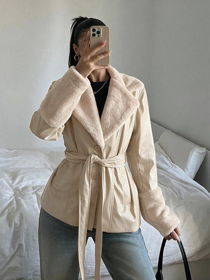 Kalispell Belted Faux Leather Jacket with Lapel Collar