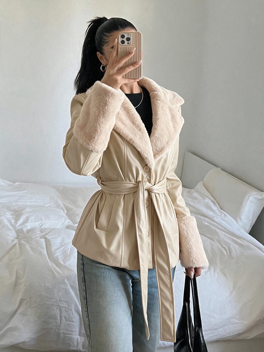 Kalispell Belted Faux Leather Jacket with Lapel Collar - Apricot