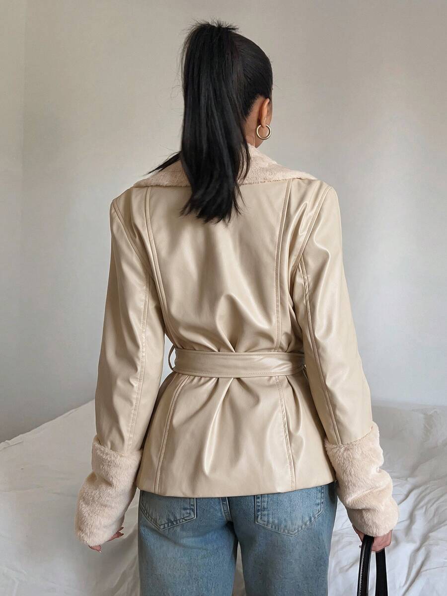 Kalispell Belted Faux Leather Jacket with Lapel Collar
