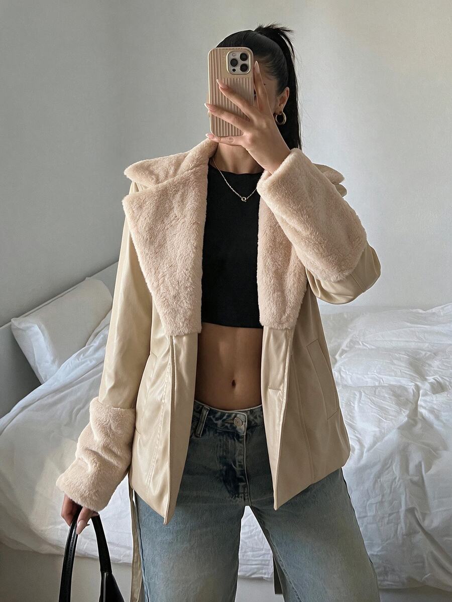 Kalispell Belted Faux Leather Jacket with Lapel Collar