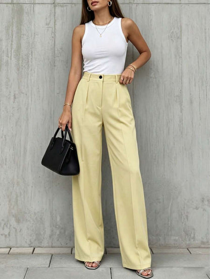 Simone High-Waist Pleated Wide-Leg Trousers with Pockets - Mustard Yellow