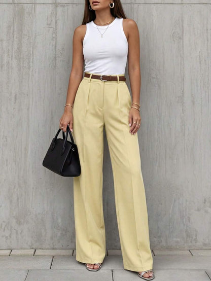 Simone High-Waist Pleated Wide-Leg Trousers with Pockets - Mustard Yellow