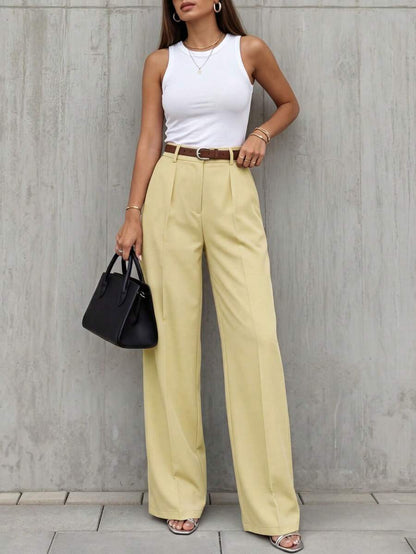 Simone High-Waist Pleated Wide-Leg Trousers with Pockets - Mustard Yellow