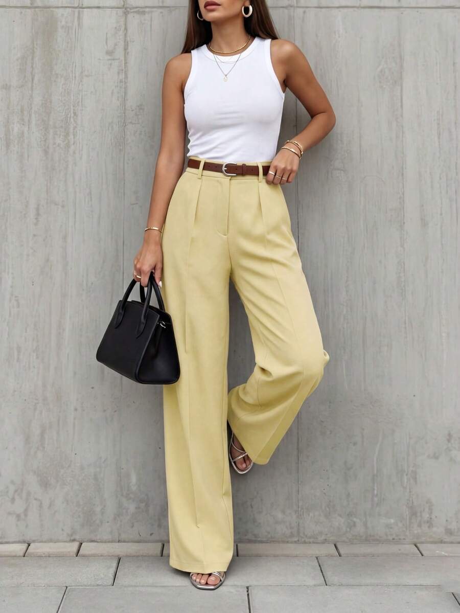 Simone High-Waist Pleated Wide-Leg Trousers with Pockets - Mustard Yellow