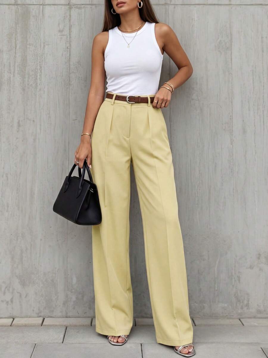 Simone High-Waist Pleated Wide-Leg Trousers with Pockets - Mustard Yellow