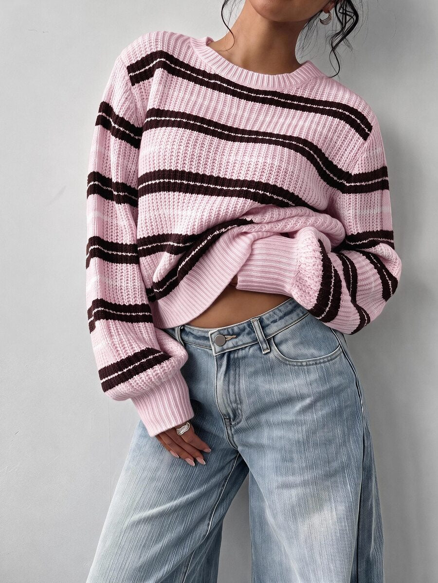Aurelia Chunky Waffle Knit Crew Neck Relaxed Sweater - Pink Brown Stripe
