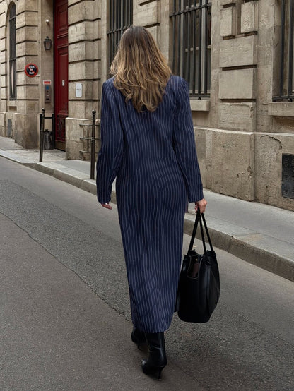 Delfina Double Breasted Herringbone Long Coat with Lapels - Navy Pinstripe