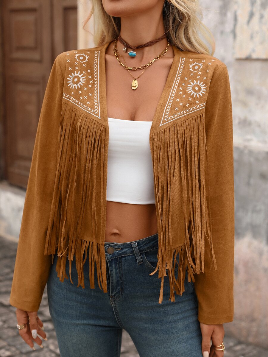 Evangeline Fringe Trim Open Front Crop Jacket - Brown