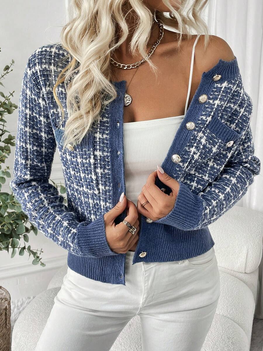Cheltenham Plaid Tweed Look Cropped Knit Cardigan with Buttons