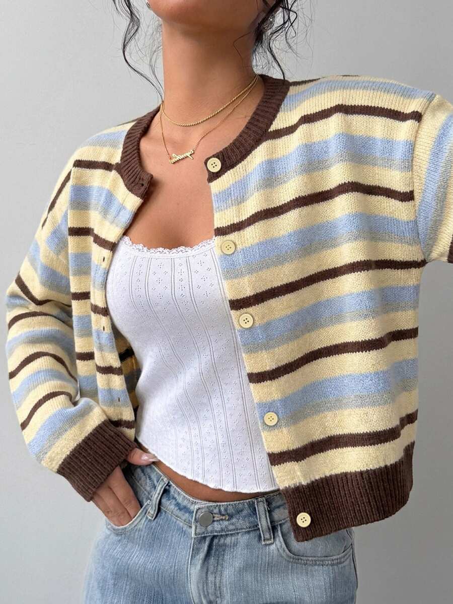 Elowen Round Neck Cropped Cardigan - Brown