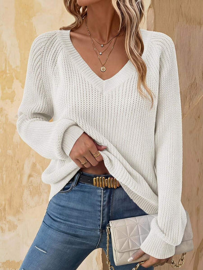 Aarhus V Neck Raglan Sleeve Ribbed Knit Sweater - White