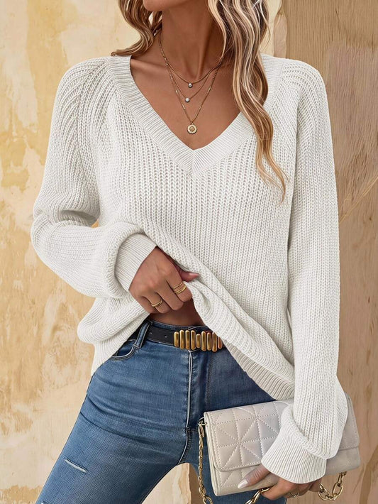 Aarhus V Neck Raglan Sleeve Ribbed Knit Sweater - White