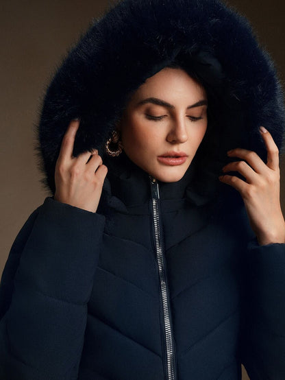 Blythe Faux Fur Trim Hooded Puffer Coat with Zip Front - Navy