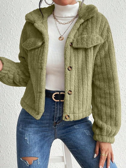 Fiona Flap Detail Fluffy Jacket - Army Green