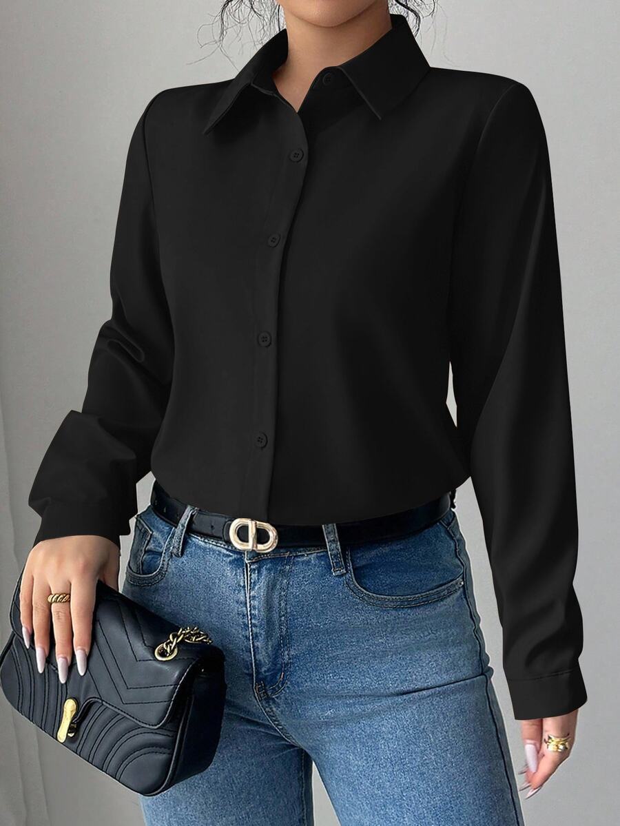 Pia Button Front Long Sleeve Blouse Classic Collared Shirt - Black