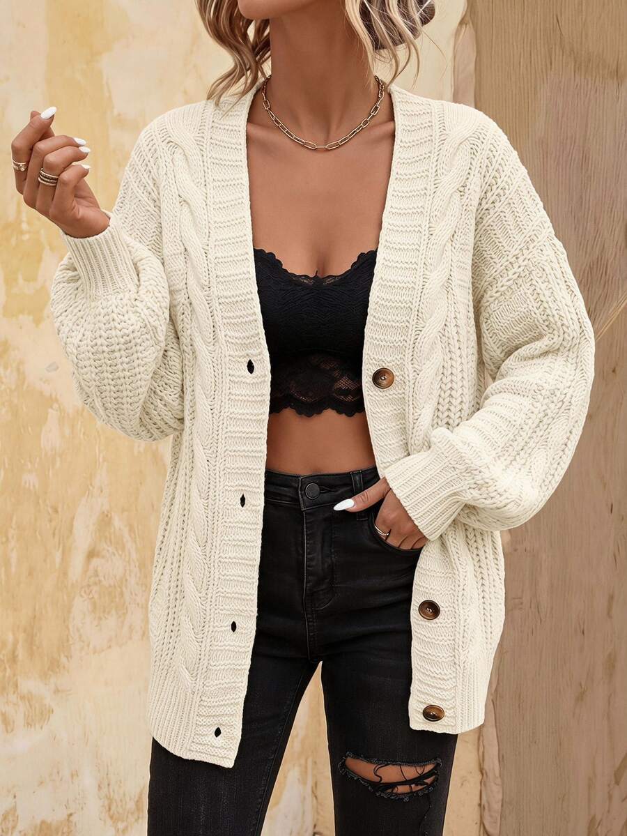 Adelaide Cable Knit Bishop Sleeve Cardigan - Beige
