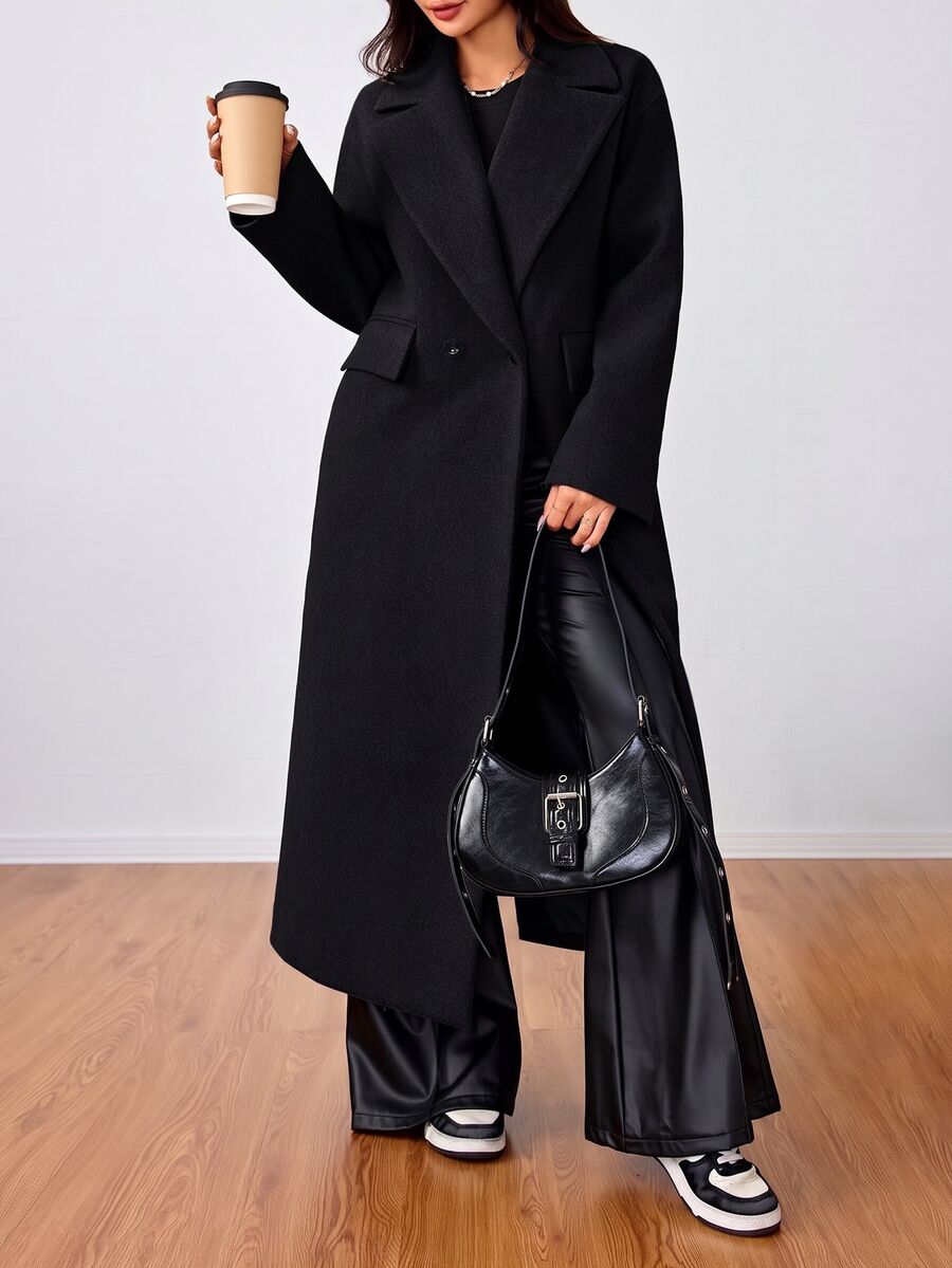 Jolie Oversized Double Breasted Long Coat with Lapel Collar - Black