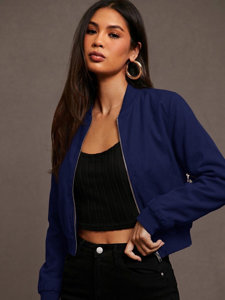 Steamboat Zip Up Bomber Jacket with Ribbed Trim - Navy Blue
