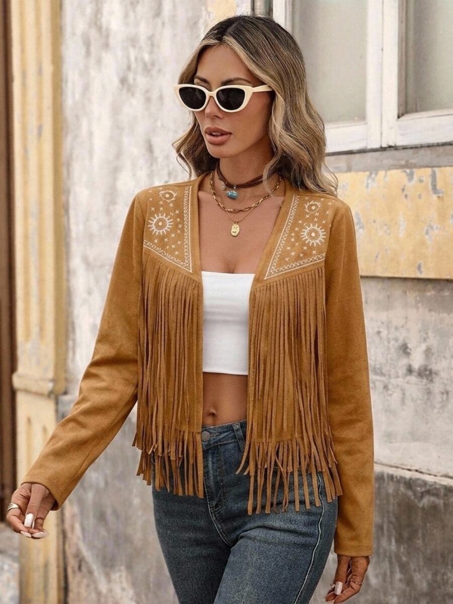Evangeline Fringe Trim Open Front Crop Jacket - Burgundy