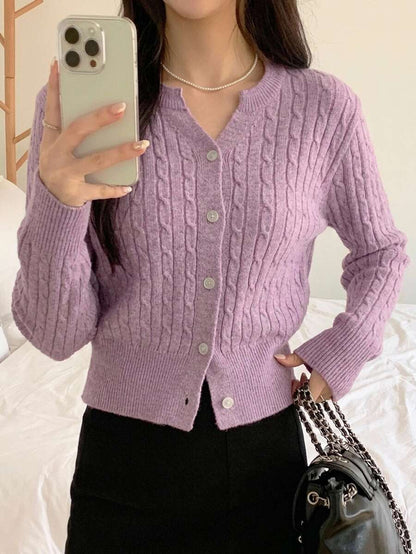 Women's Fitted V-Neck Button Front Cardigan, Twist Knit Sweater for Work and Fall - Khaki