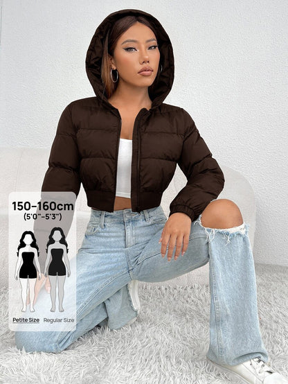 Annika Cropped Hooded Puffer Jacket with Zip Front - Chocolate Brown
