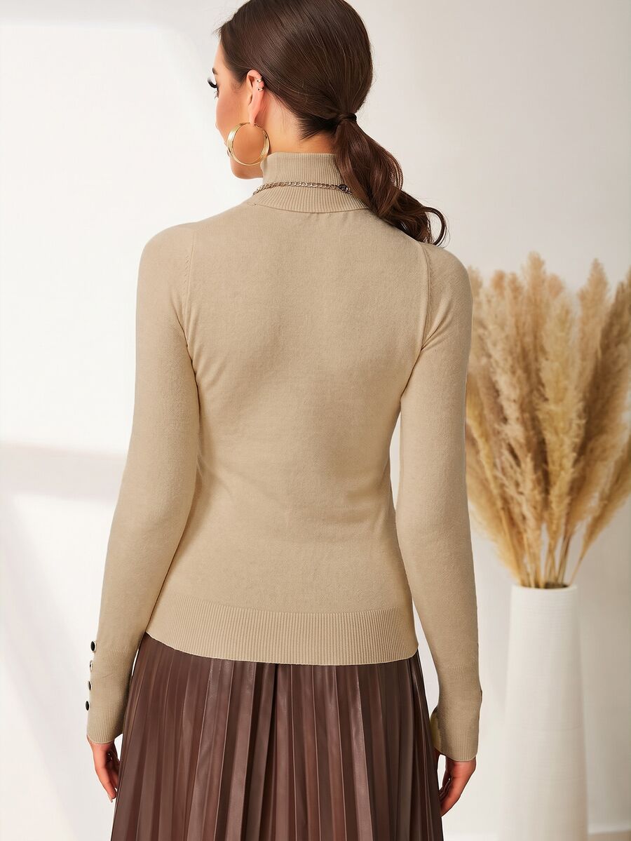 Leuven Ribbed Mock Neck Fitted Sweater with Button Cuffs