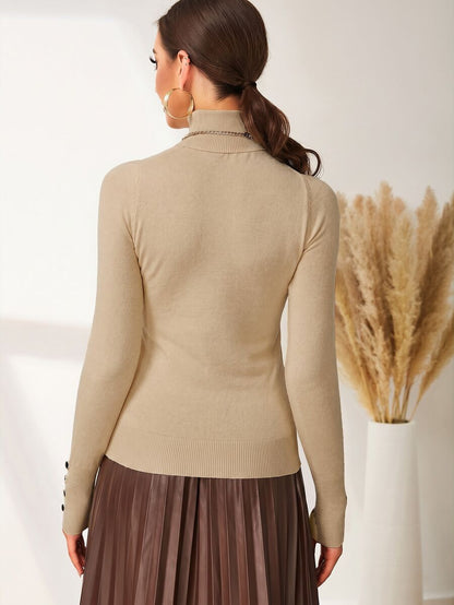 Leuven Ribbed Mock Neck Fitted Sweater with Button Cuffs