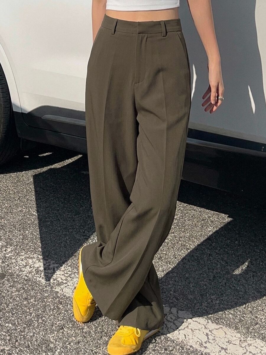 Women's Wide Leg Tailored Trousers, High Waisted Stretch Dress Pants for Work Office - Khaki