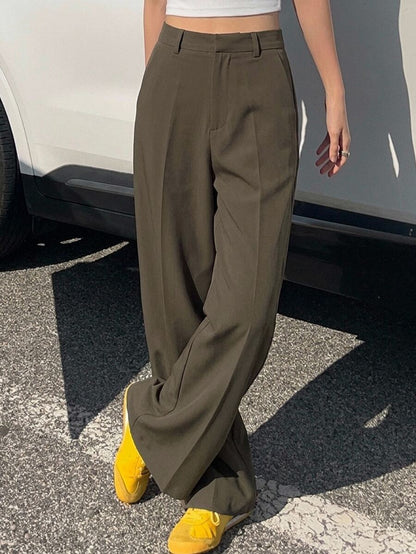 Women's Wide Leg Tailored Trousers, High Waisted Stretch Dress Pants for Work Office - Khaki