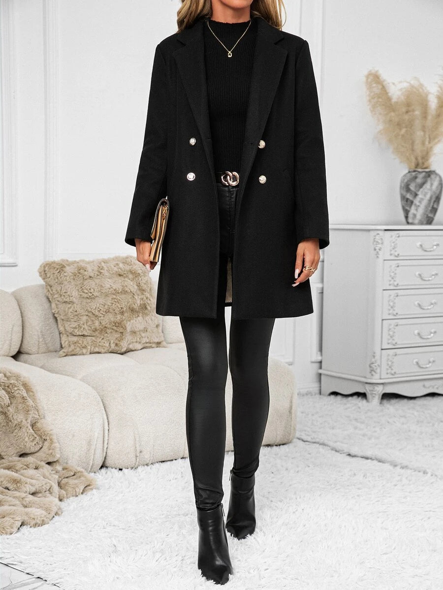 Aveline Double-Breasted Lapel Coat with Tailored Thigh-Length Cut - Coffee Brown