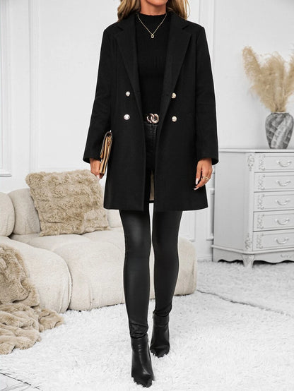 Aveline Double-Breasted Lapel Coat with Tailored Thigh-Length Cut - Coffee Brown