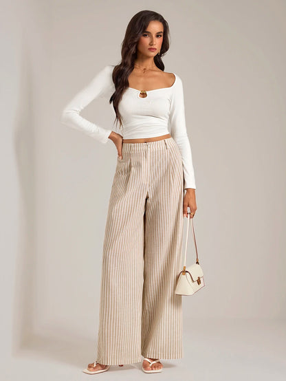 Isla High Waisted Wide Leg Pants with Pleated Front - Oatmeal Stripe