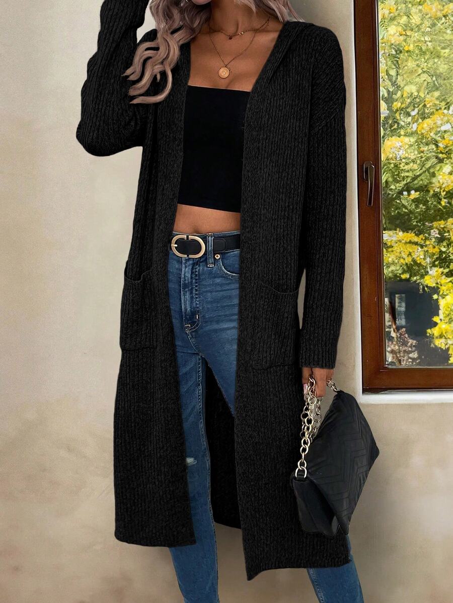 Marianne Hooded Split Hem Longline Duster Cardigan - Black