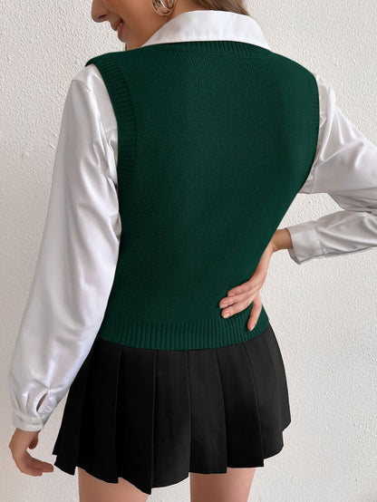 Winifred Classic Cable Knit V-Neck Sleeveless Sweater Vest - Forest Green