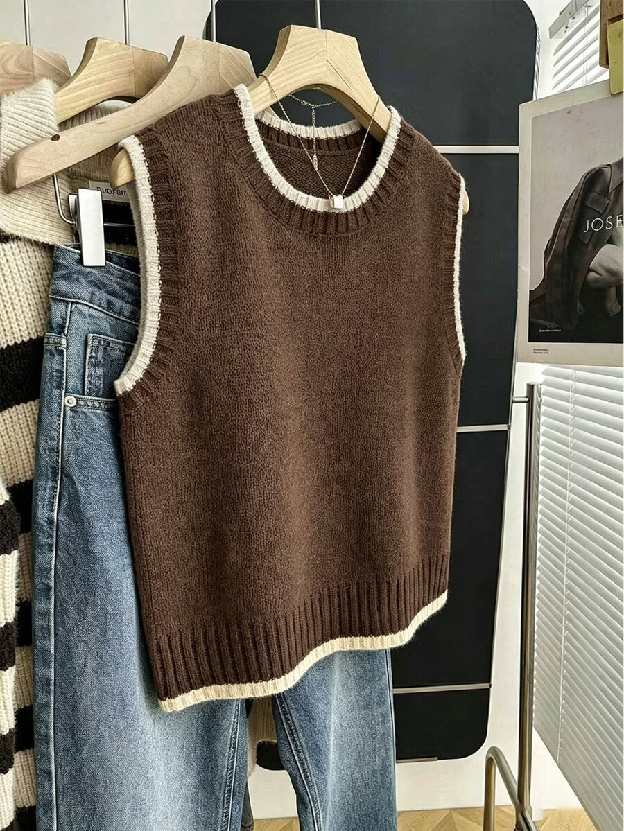 Beatrice Contrast Trim Sleeveless Knit Sweater Vest - Chocolate with Cream Trim