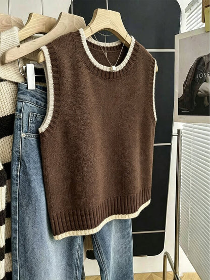 Beatrice Contrast Trim Sleeveless Knit Sweater Vest - Chocolate with Cream Trim